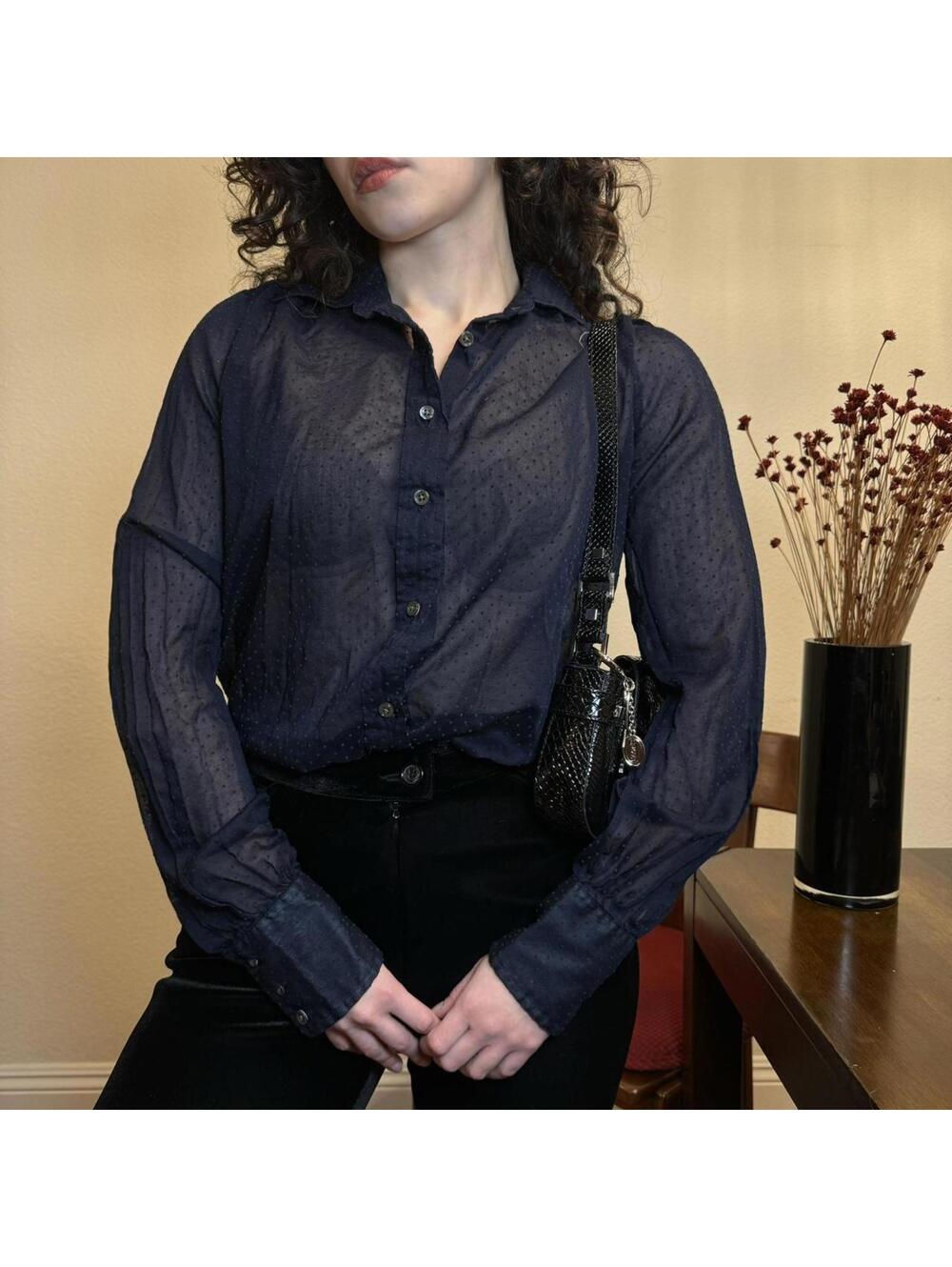 J.Crew Sheer Navy Polka Dot Long Sleeve Button Blouse Womens 4 Cotton